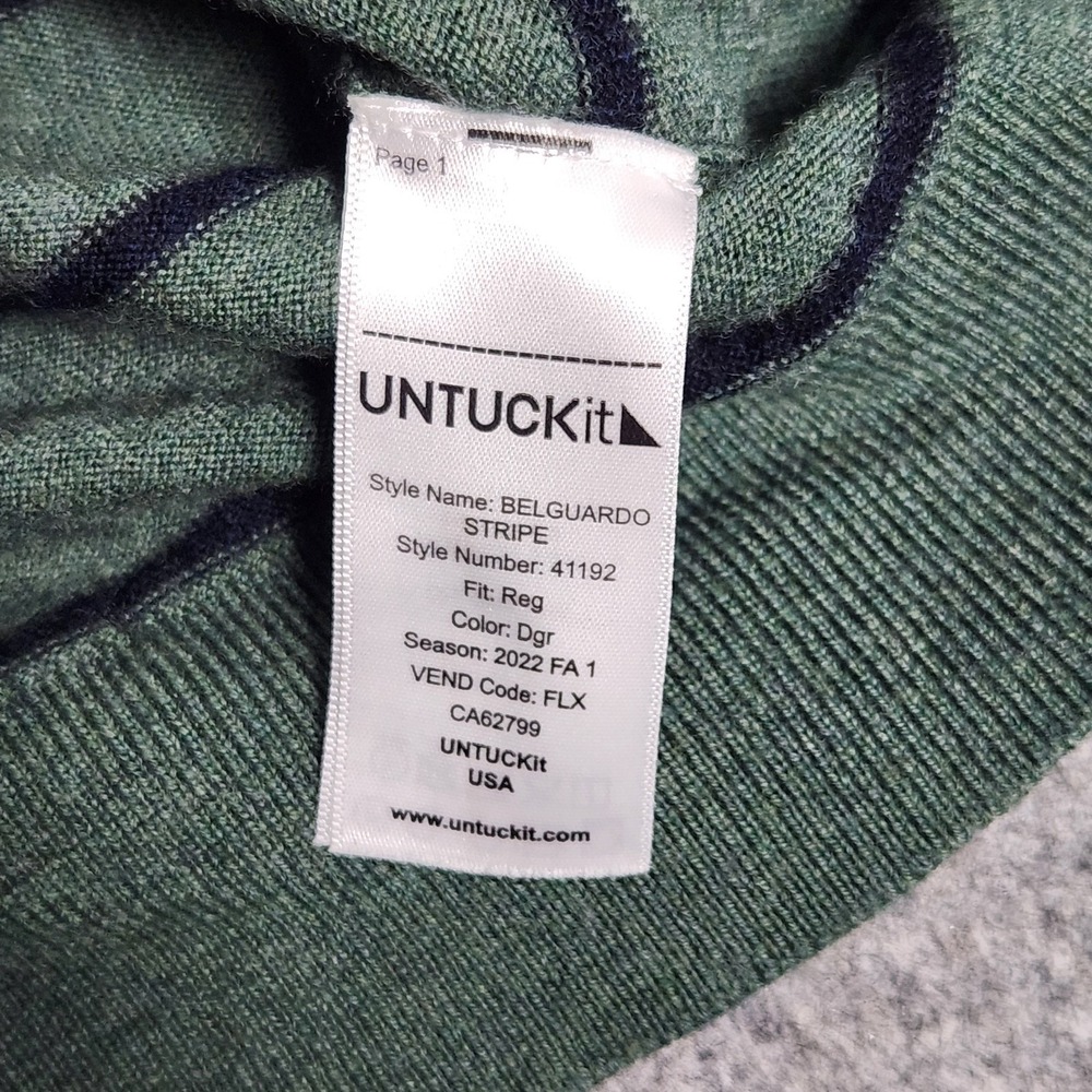 UNTUCKit Wool Sweater Men L Green Extrafine Merino Belguardo Stripe Runs Small - Picture 6 of 7